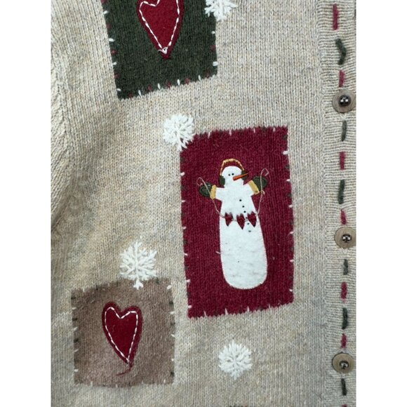 Croft & Barrow Snowman & Heart Patches Cardigan Sweater Petite PL Beige - Picture 3 of 15